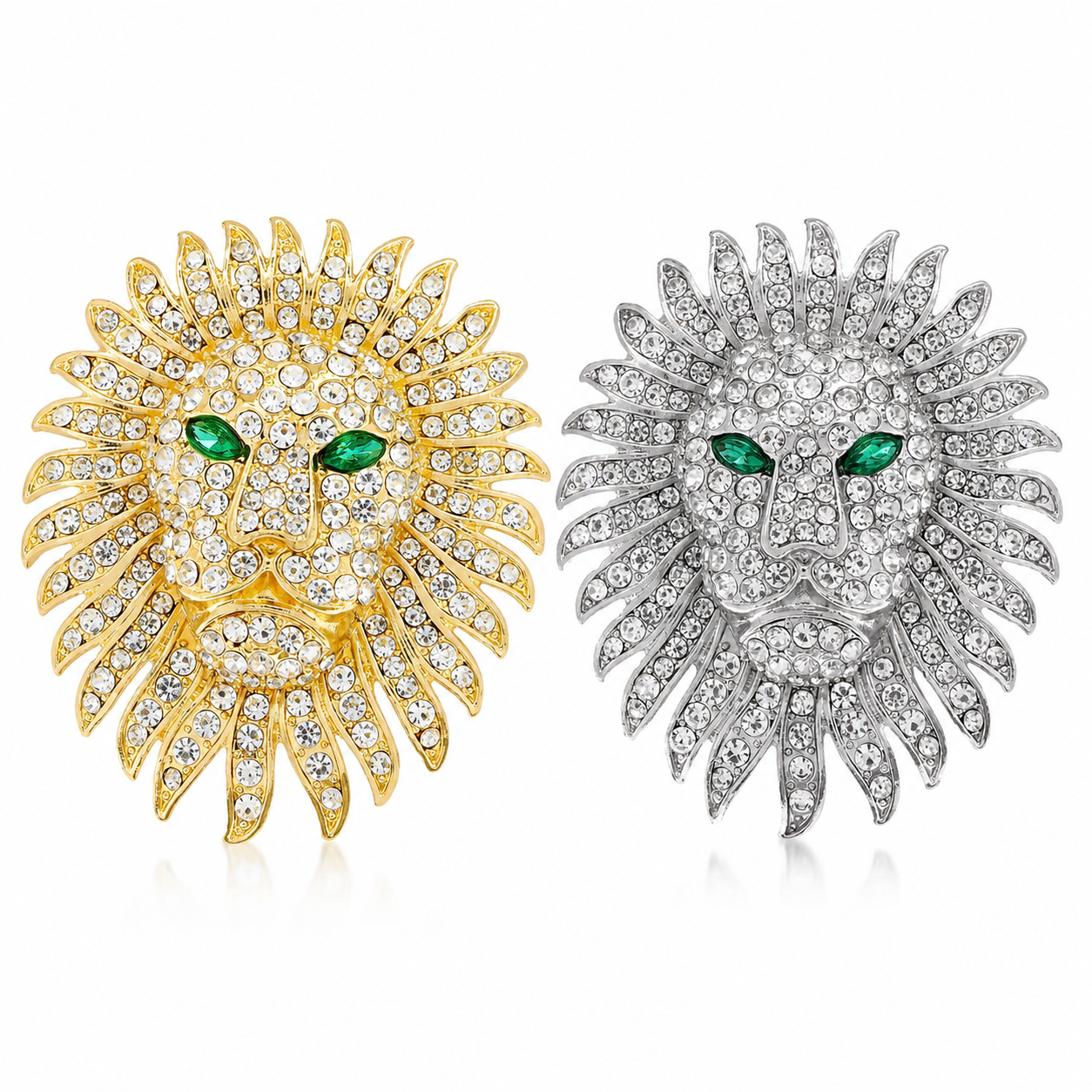 Crystal Lion Head Brooch – Pave Rhinestone Mane with Emerald Green Crystal Eyes