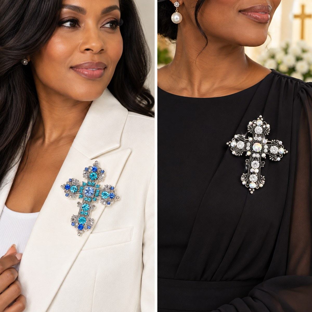 2-Piece Blue & Iridescent Jeweled Cross Brooch Set