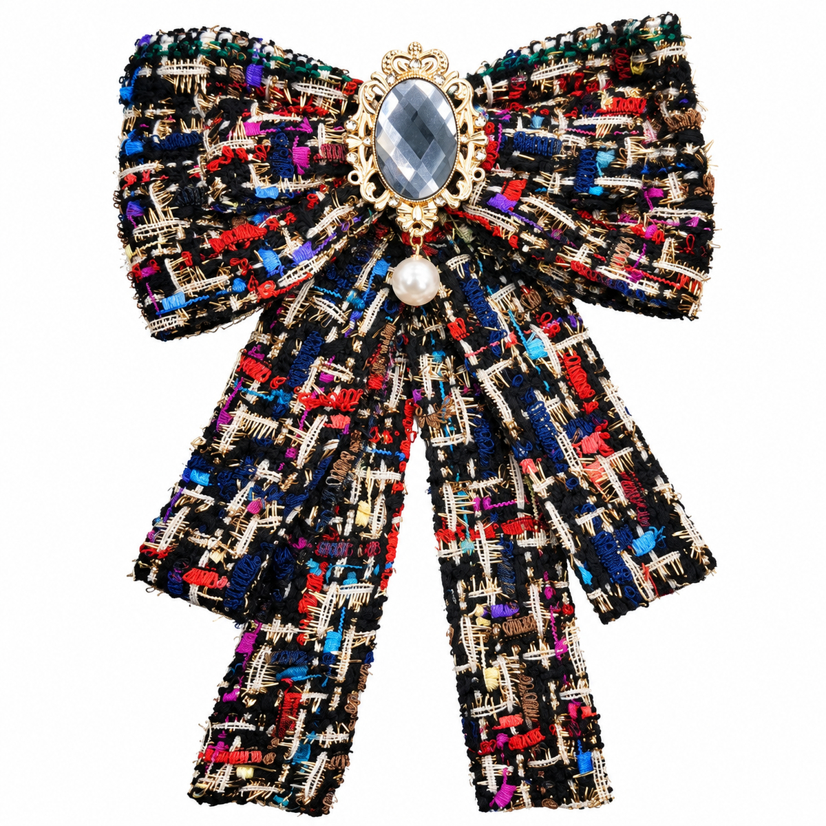 Oversized Tweed Bow Brooch Set with Faux Pearl Drops – Black & Cream, 2 Pieces