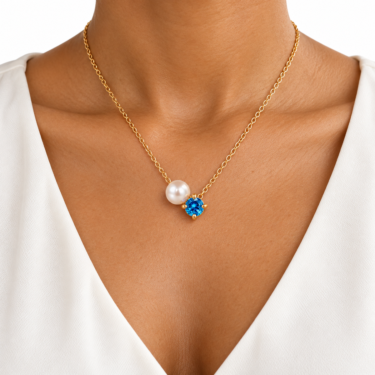 Blue Stone & Imitation Pearl Gold-Tone Necklace