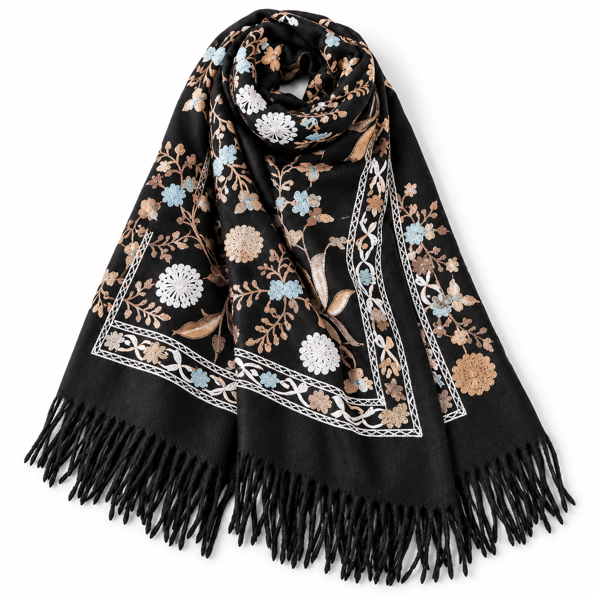 Women's 3-Piece Floral Embroidered Scarf Set in Red, Black & Ivory