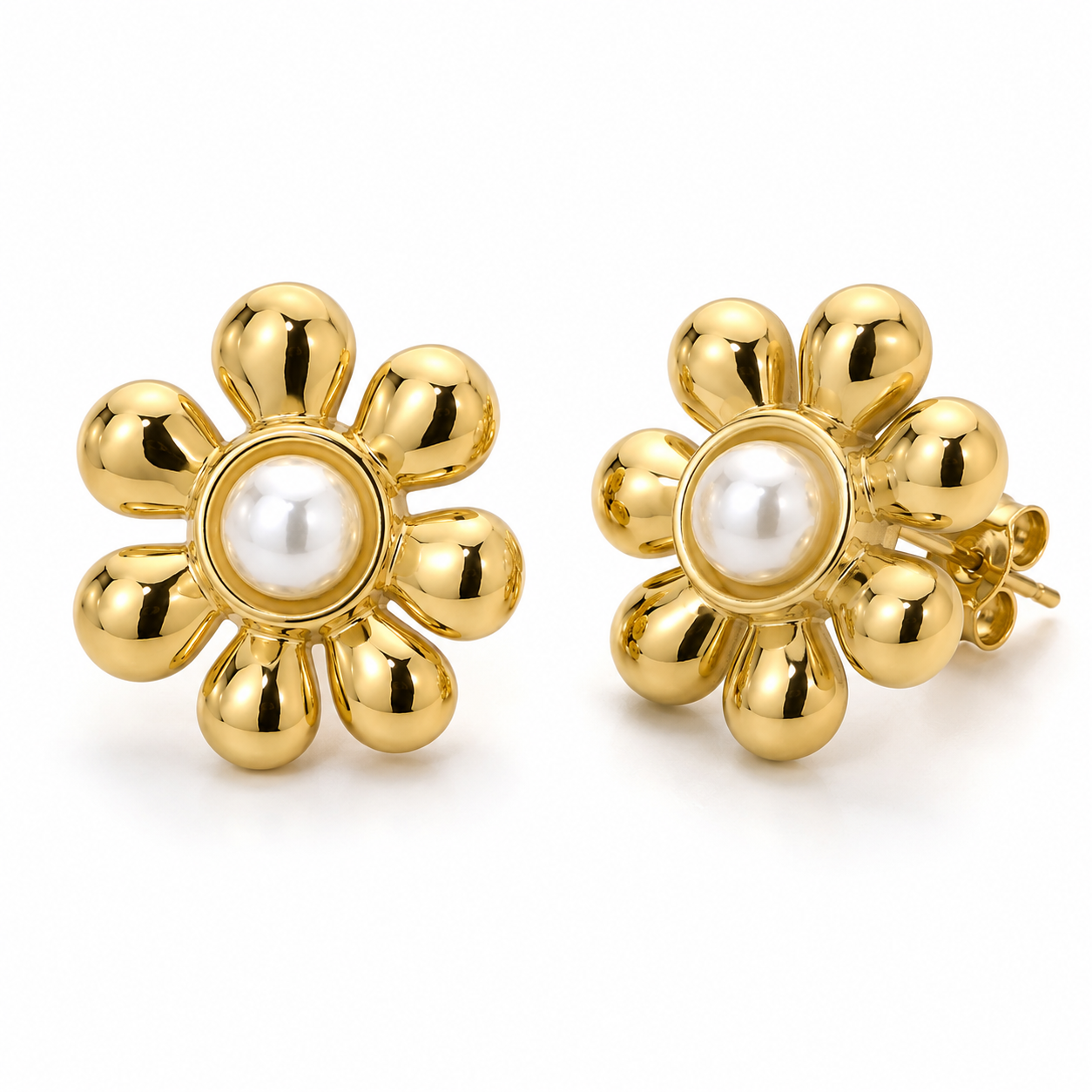 Waterproof Stainless Steel Gold Pearl Flower Stud Earrings