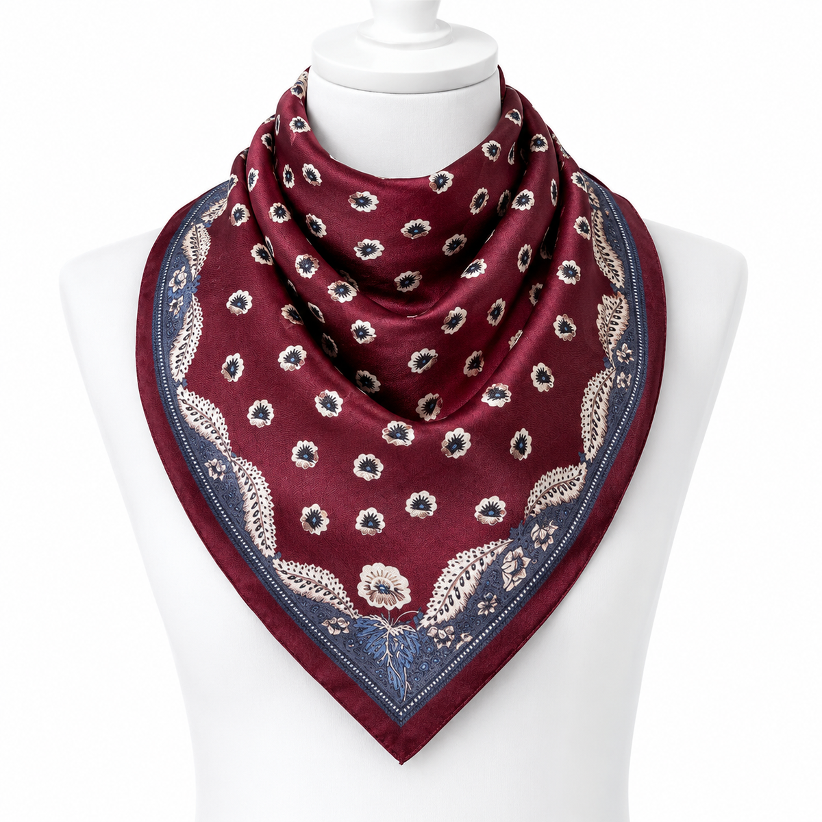 Burgundy Floral Paisley Square Scarf | Cotton Blend Bandana Neckerchief | 26.77"