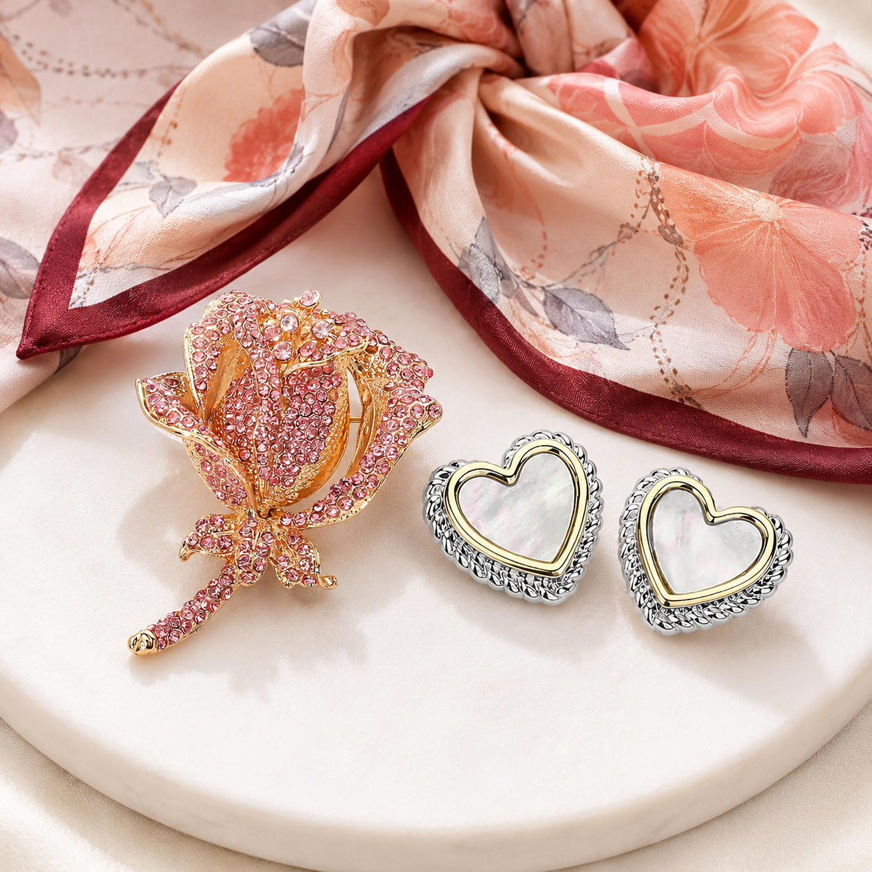 3PC Rose Brooch, Floral Satin Scarf & Mother of Pearl Heart Earrings Gift Set