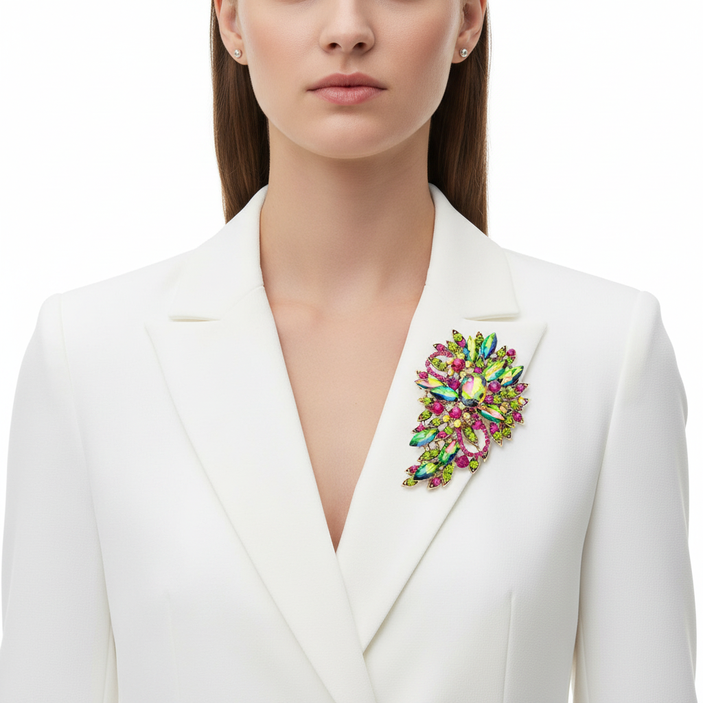 AB Crystal Brooch – White Blazer