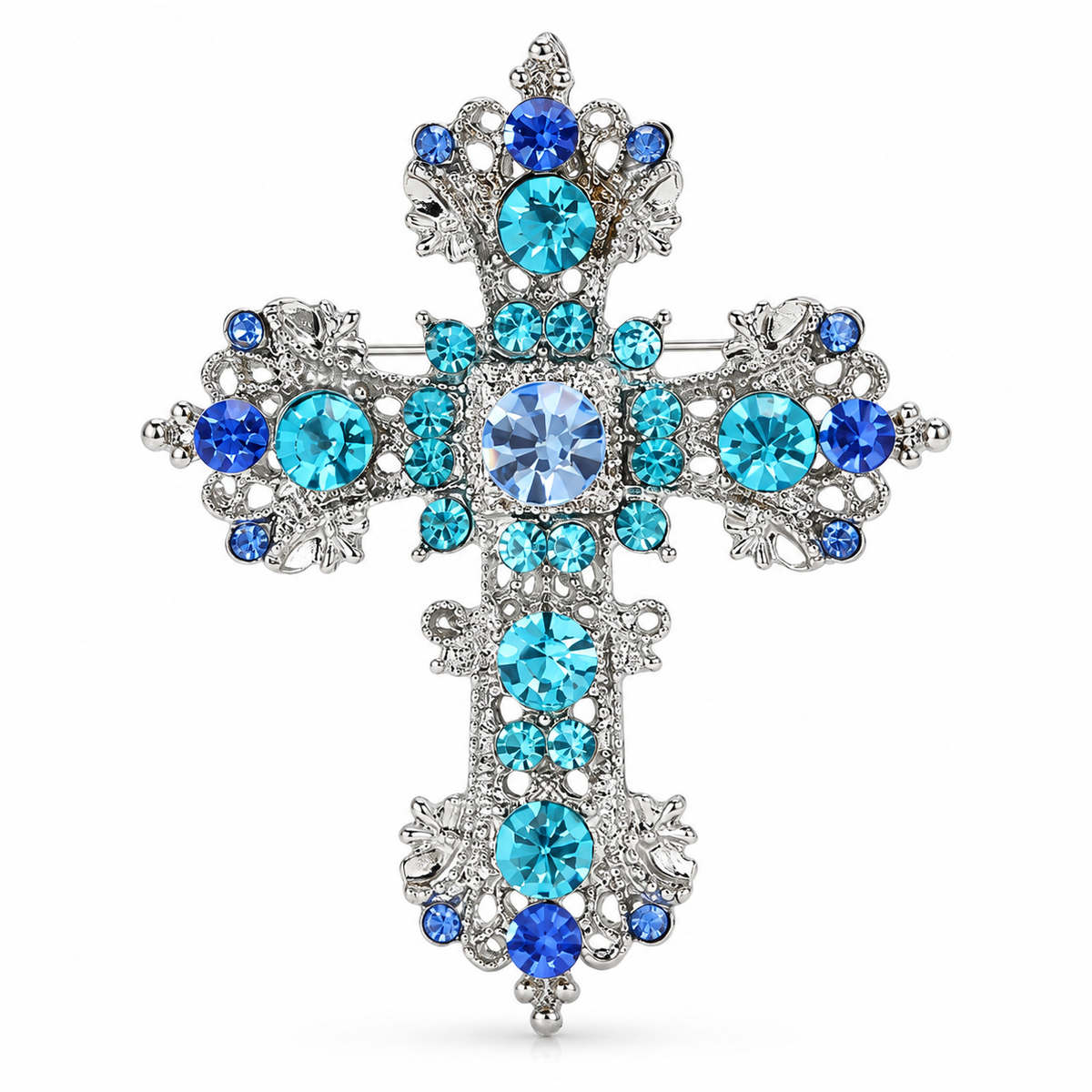 2-Piece Blue & Iridescent Jeweled Cross Brooch Set
