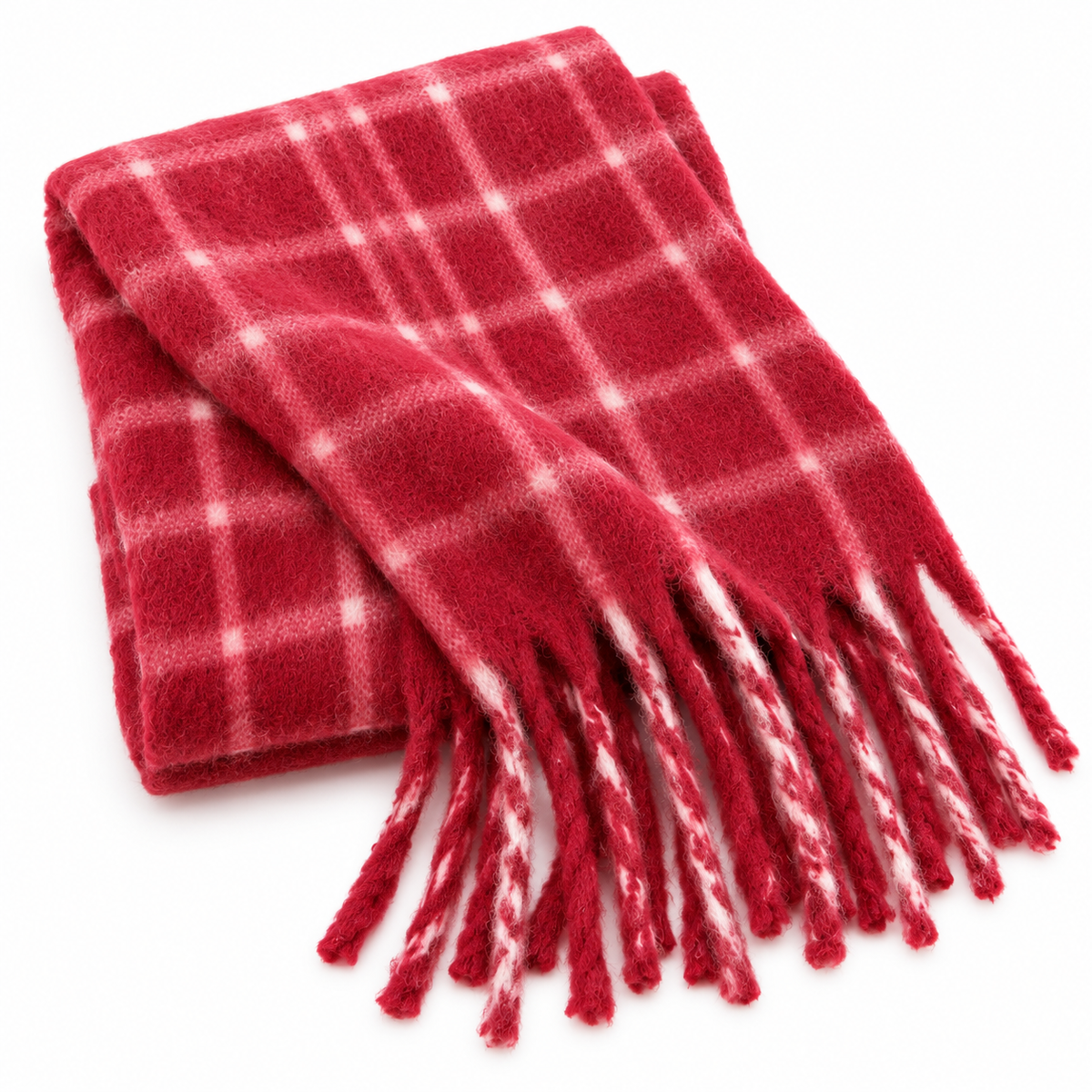 Chunky Plaid Scarf Red White Checkered Oversized Tassel Blanket Wrap Shawl