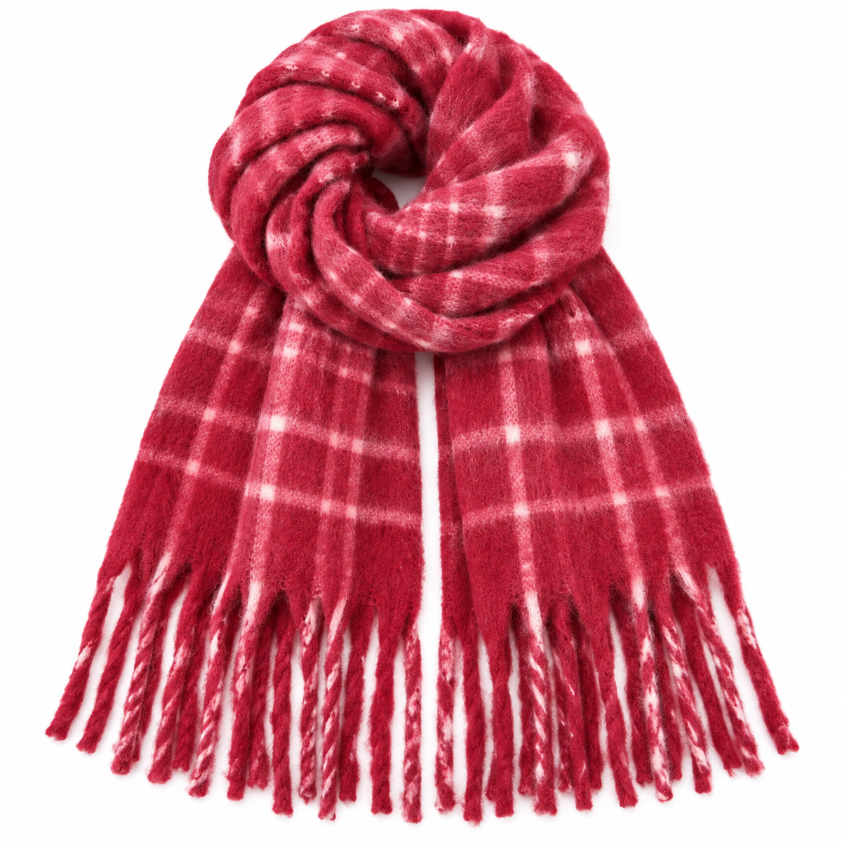 Chunky Plaid Scarf Red White Checkered Oversized Tassel Blanket Wrap Shawl