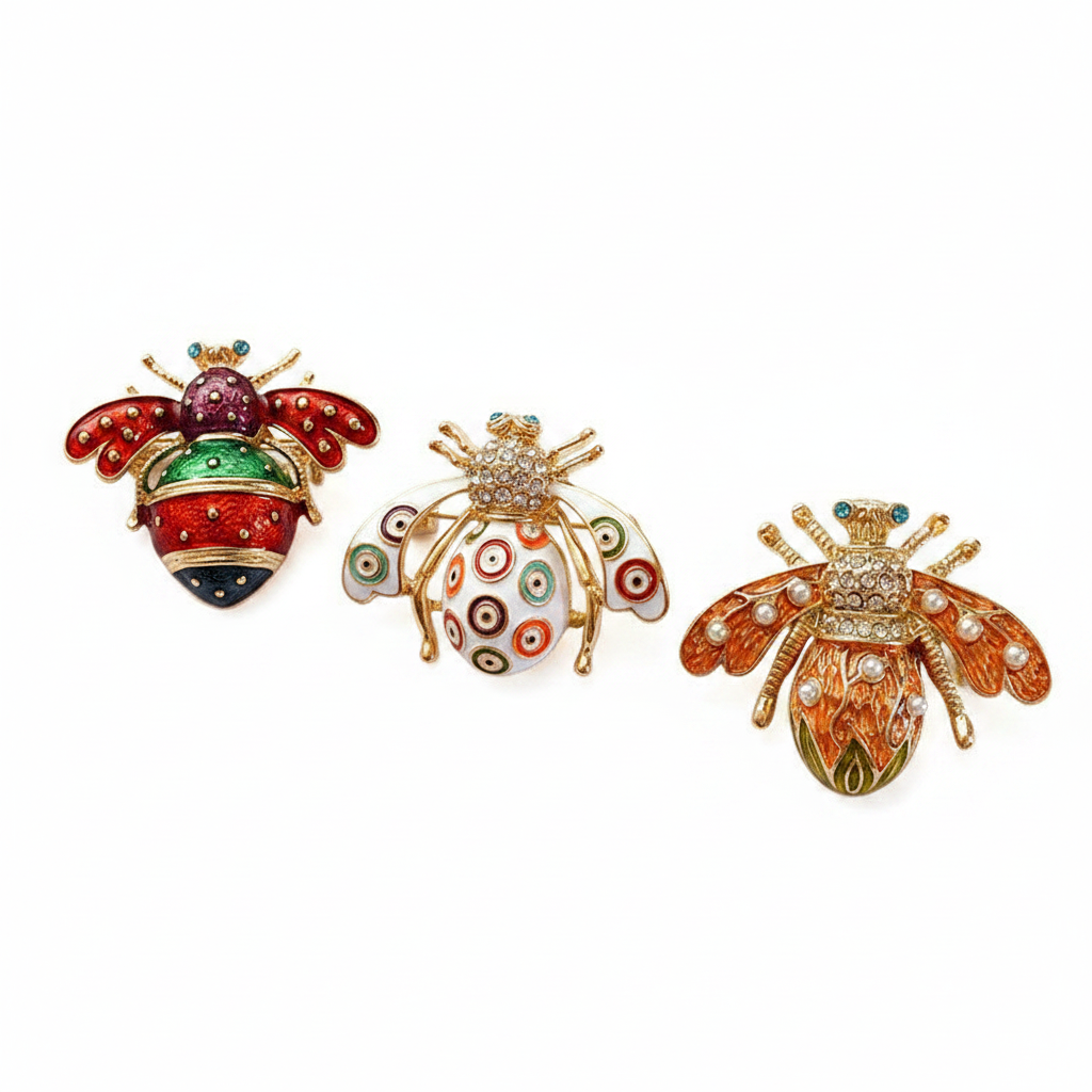 All 3 bee brooches - pure white background