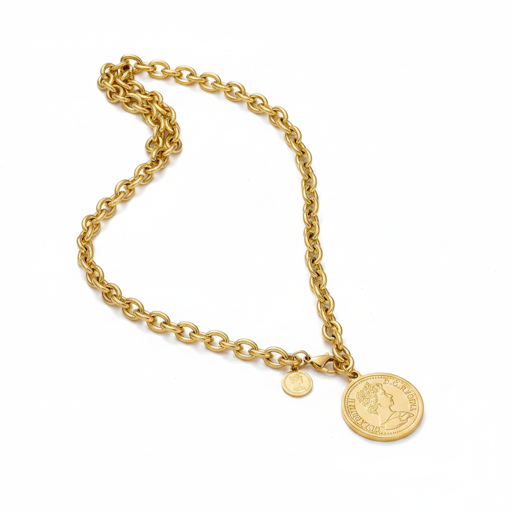Angled detail — Queen Elizabeth II coin pendant chain necklace