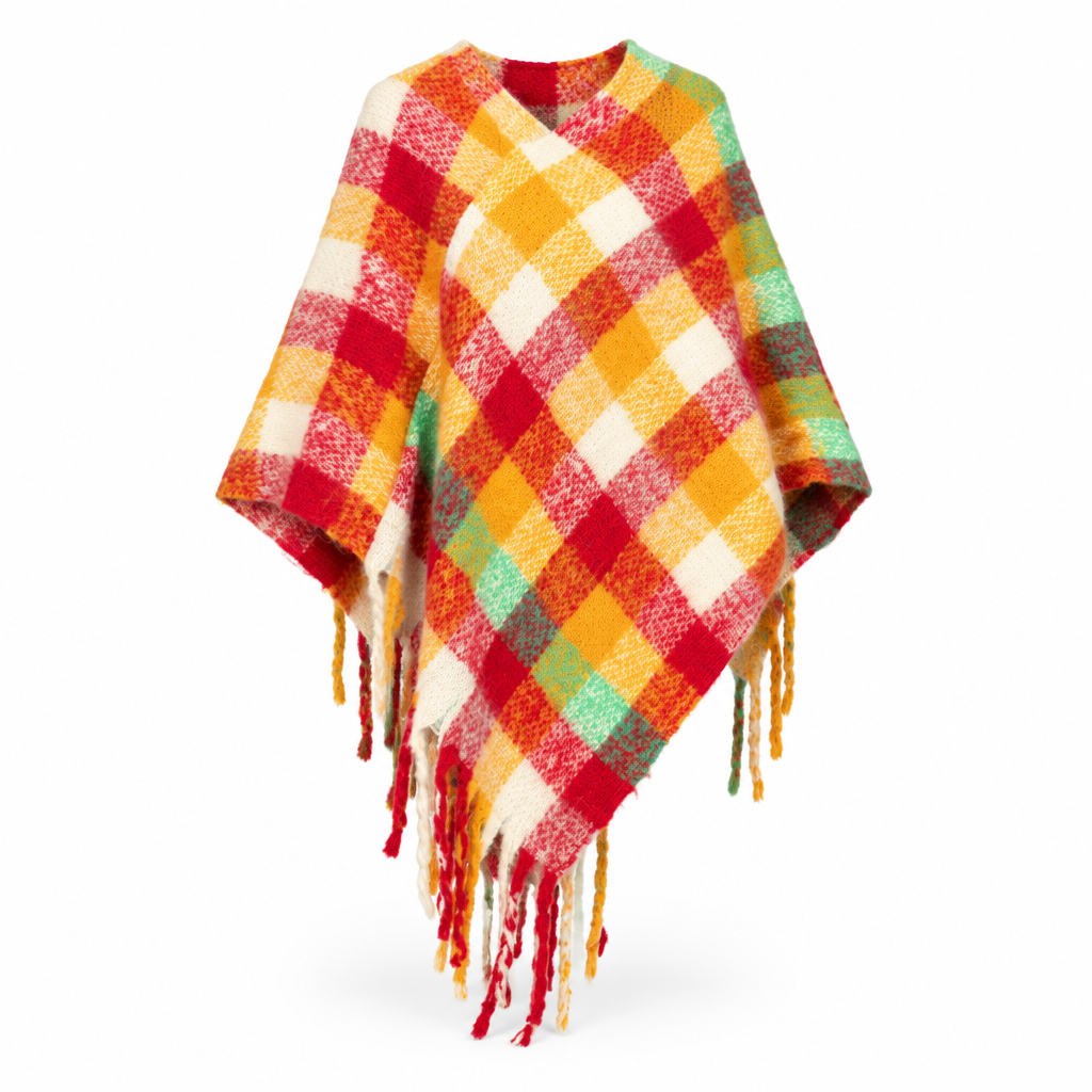 Angled product view of multicolor plaid poncho wrap with fringe on white