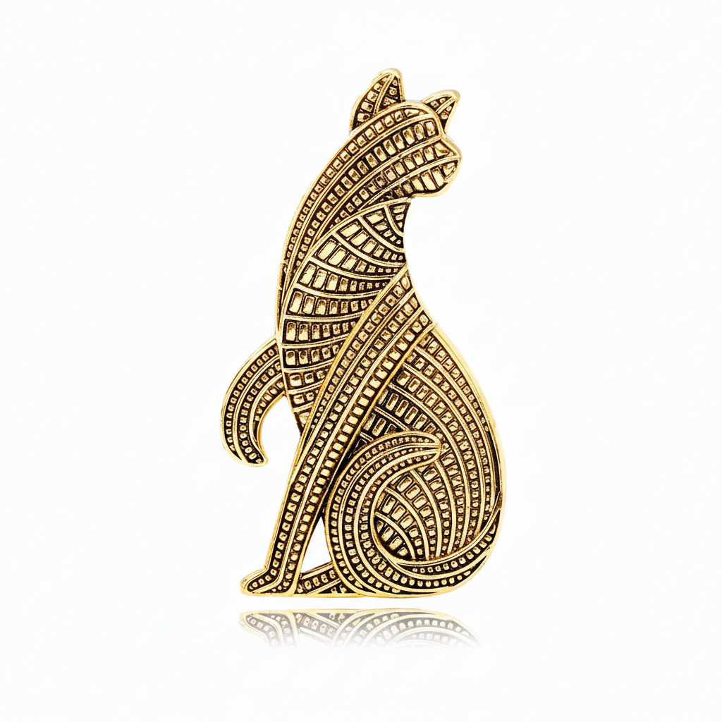 Antique gold geometric cat brooch white background