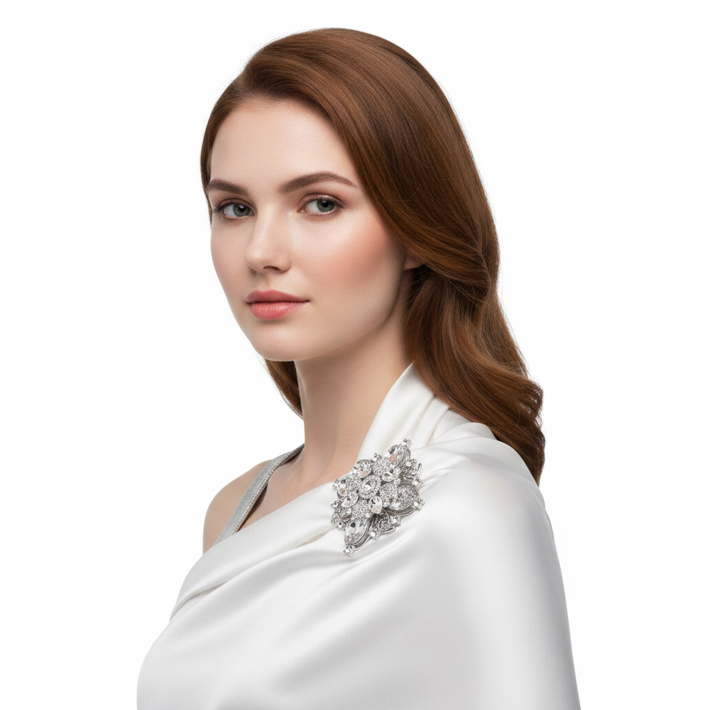 Auburn woman wearing clear silver floral brooch on white silk scarf