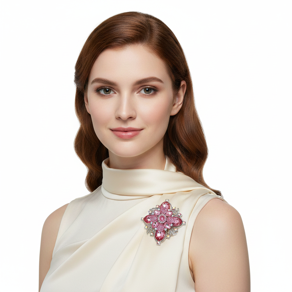 Auburn woman wearing pink floral brooch on cream silk scarf