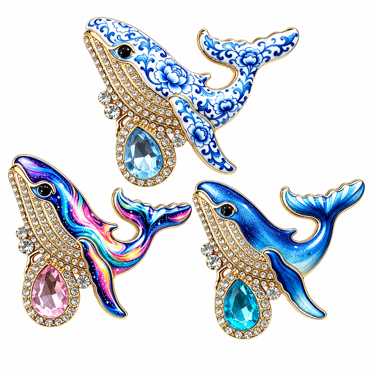 3-Piece Whale Rhinestone Brooch Pin Set for Women
