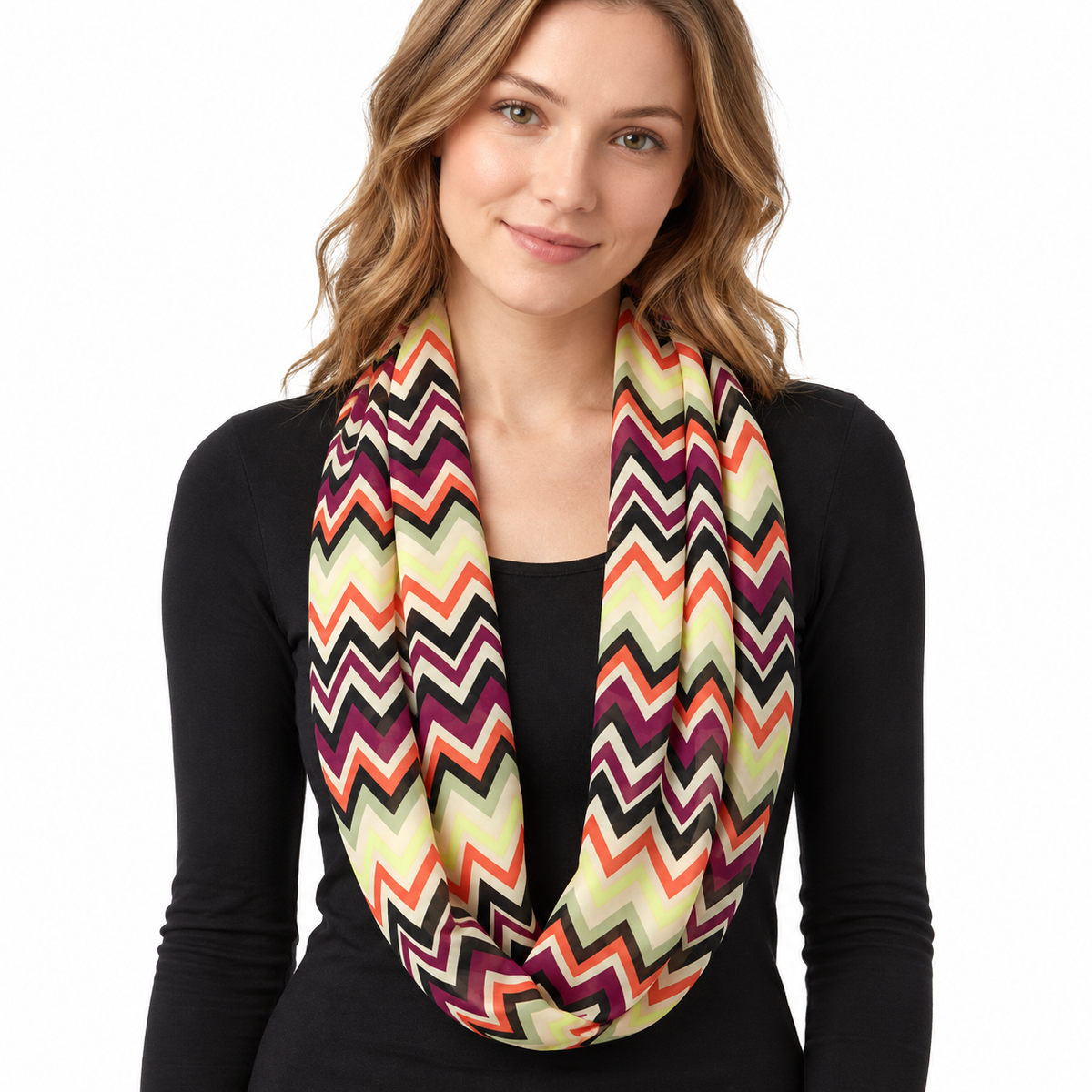 Multicolor Chevron Zigzag Infinity Scarf for Women — Lightweight Polyester Loop Wrap