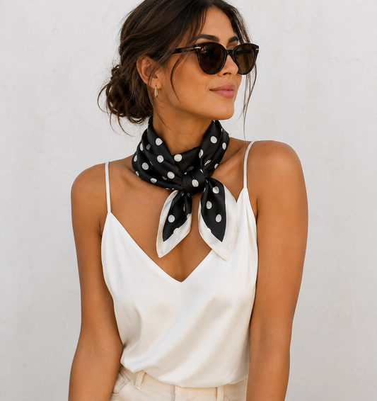 Polka Dot Silk Feel Square Neck Scarf White Black Hair Head Wrap Scarves