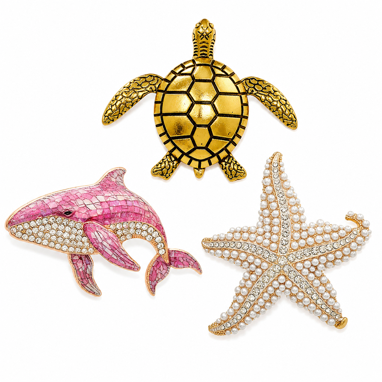 Coastal Brooch Set – Gold Sea Turtle, Pink Whale & Pearl Starfish (3-Piece)