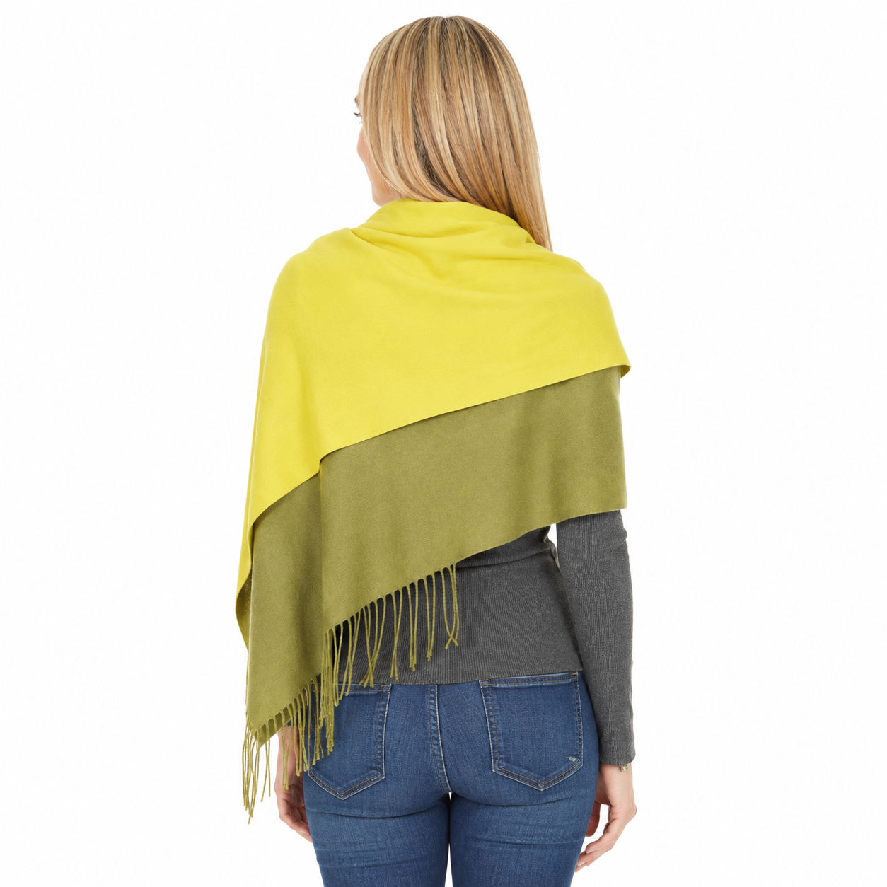 Women's Yellow Green Ombre Viscose Scarf Oversized Wrap Shawl with Fringe