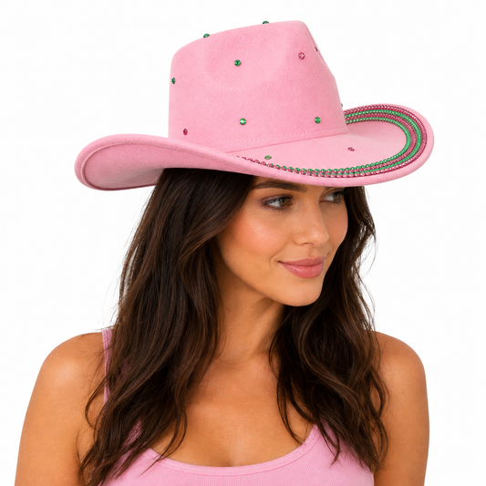 Rhinestone-Embellished Western Cowboy Hat | Pink & Black Glam