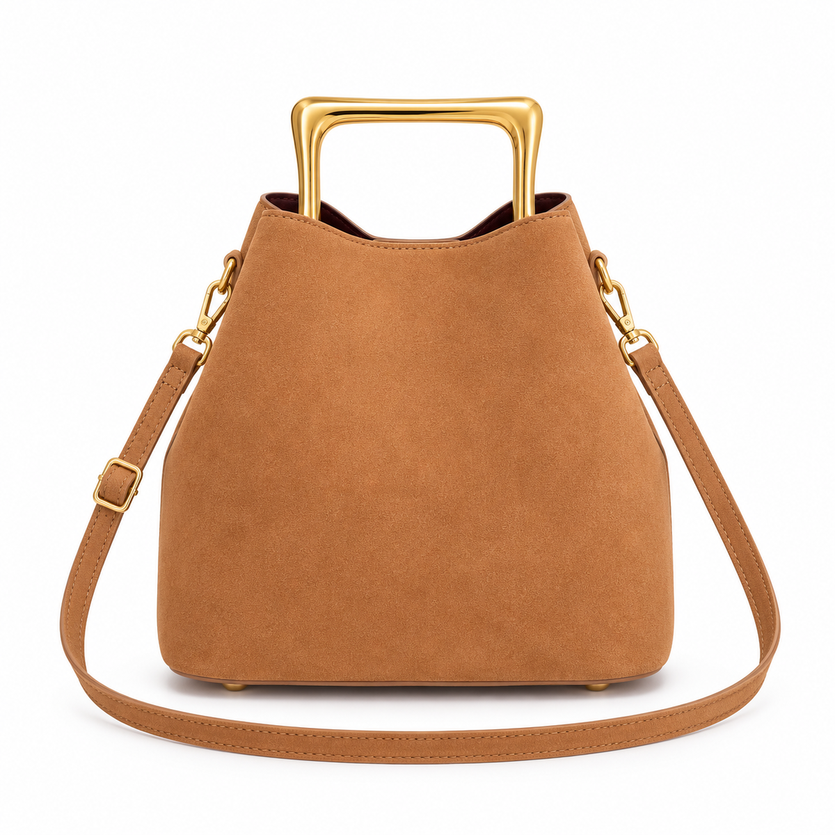 Tan Faux Suede Top Handle Crossbody Bag with Gold-Tone Handle