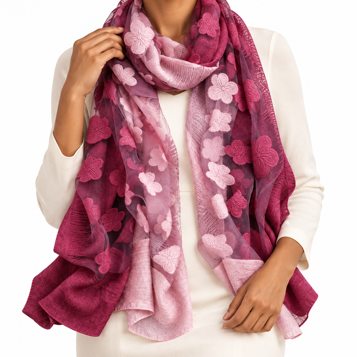 Pink & Burgundy Floral Sheer Scarf – Long Wrap Shawl