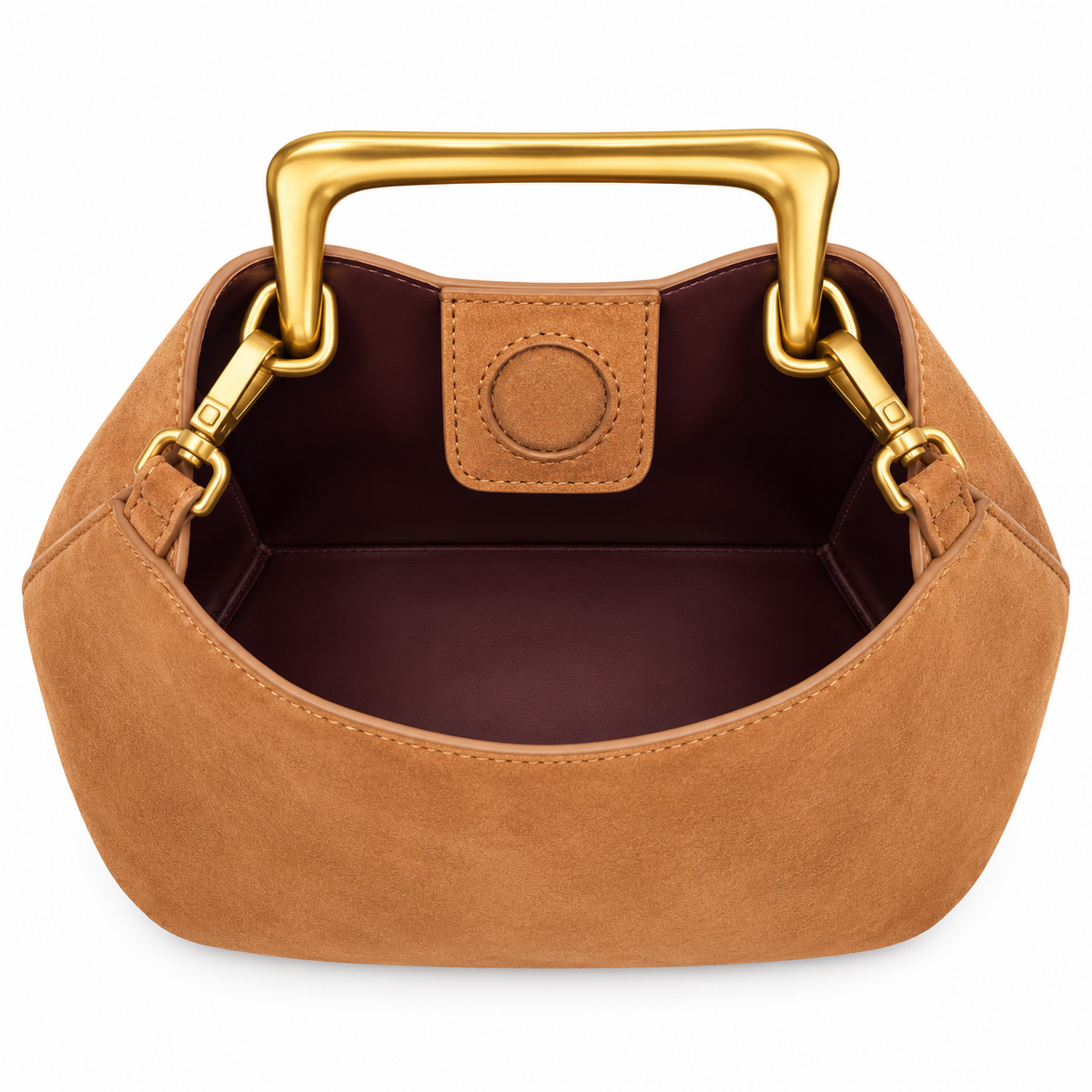 Tan Faux Suede Top Handle Crossbody Bag with Gold-Tone Handle