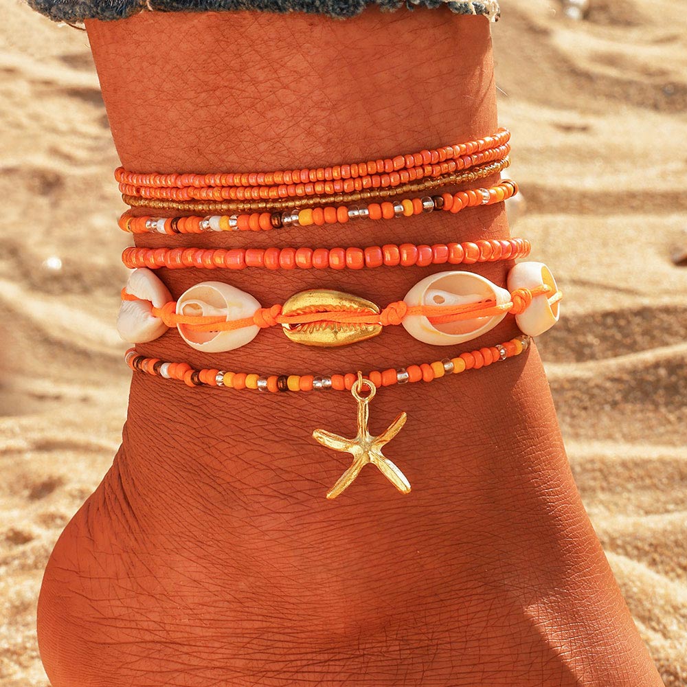 Orange & Gold Starfish Cowrie Shell Layered Anklet Set – 6-Piece Boho Beach Seed Bead Stack