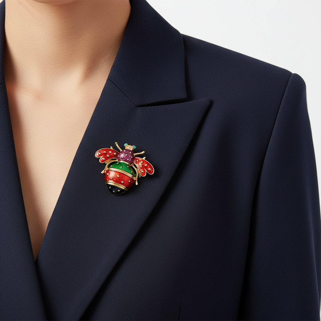 Bee brooch on blazer lapel - front