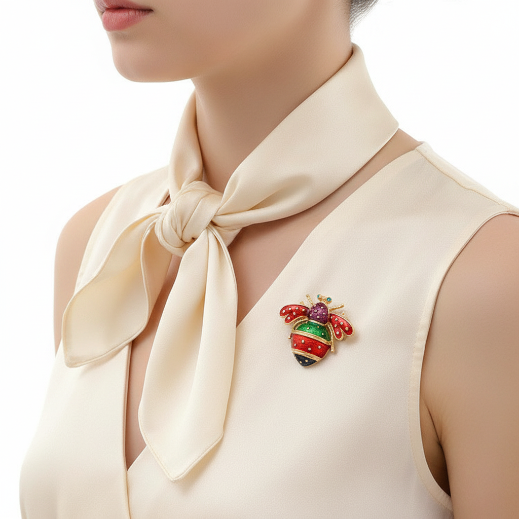 Bee brooch on solid ivory scarf - side