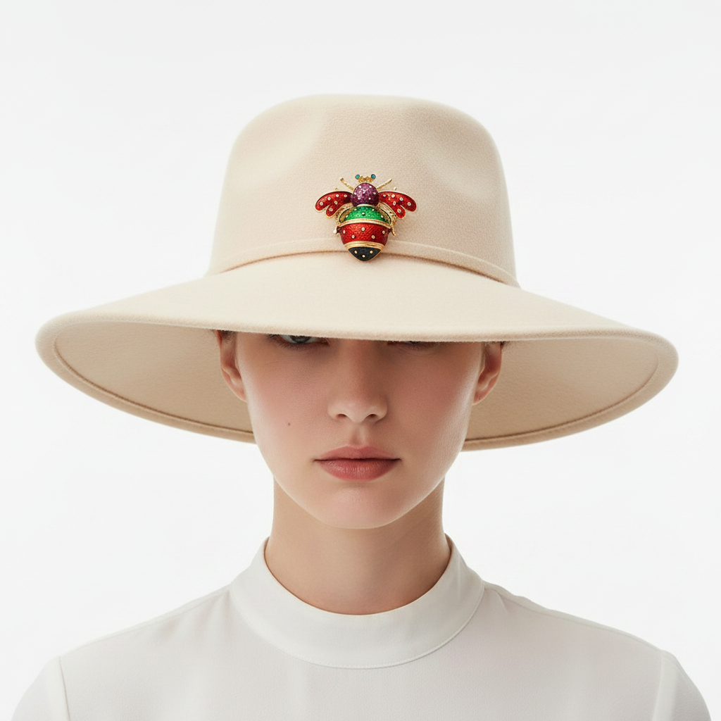 Bee brooch on wide brim hat - front