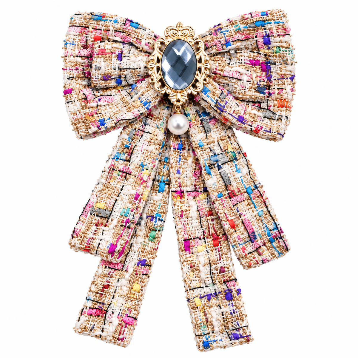 Oversized Tweed Bow Brooch Set with Faux Pearl Drops – Black & Cream, 2 Pieces