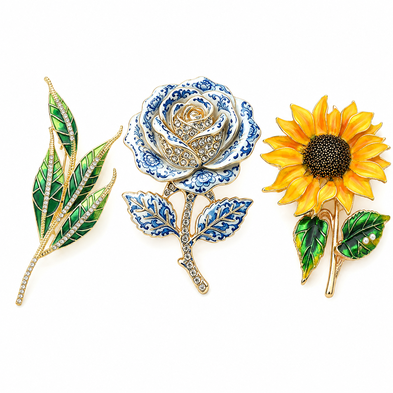 3-Piece Garden Brooch Set – Sunflower, Rose & Leaf