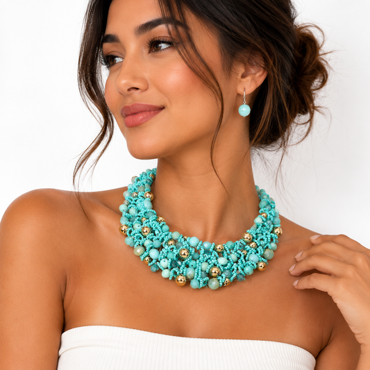 Faceted Beaded Collar Statement Necklace for Women Turquoise Jewelry for Ladies