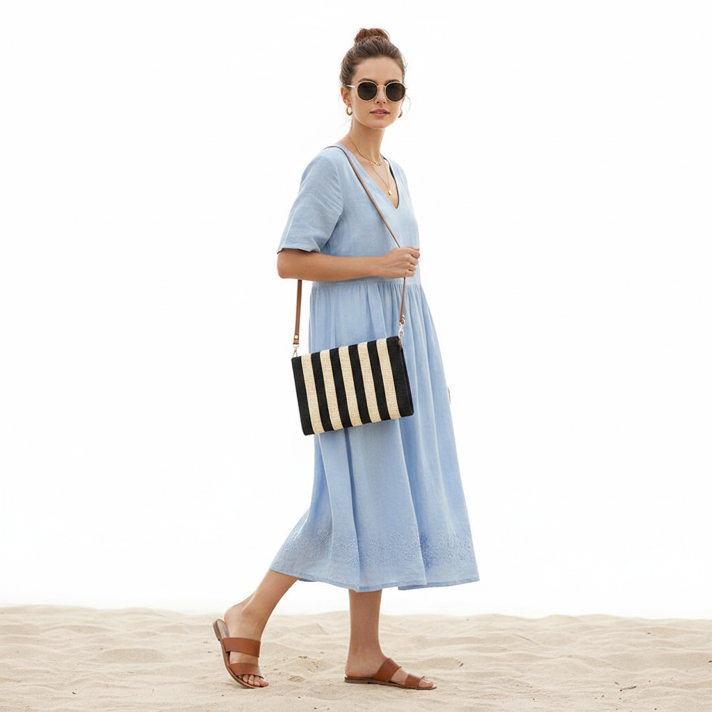 Black and White Striped Straw Clutch - Back