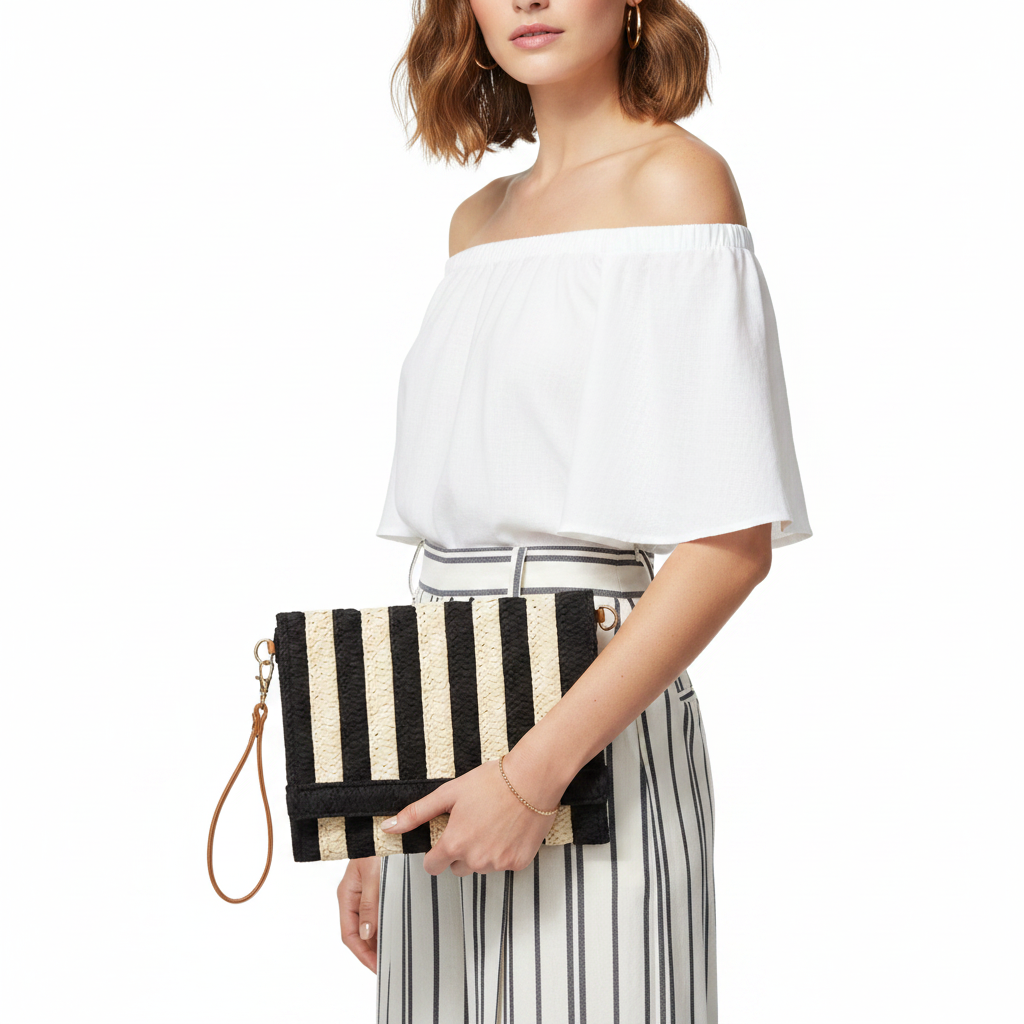 Black and White Striped Straw Clutch - Front