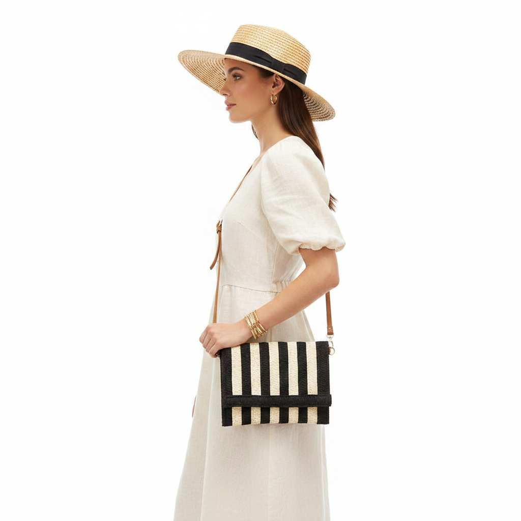 Black and White Striped Straw Clutch - Side
