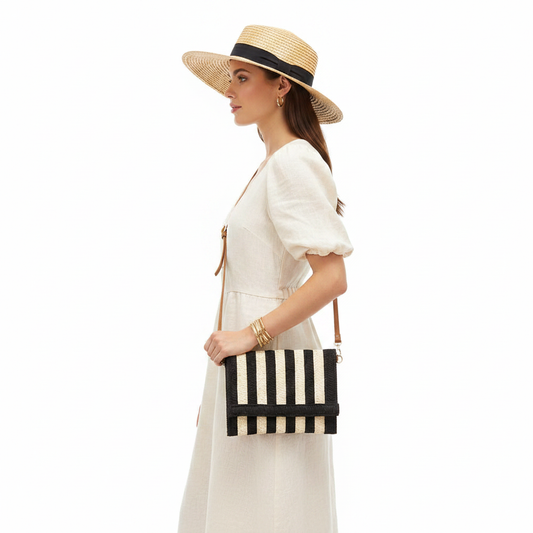 Black and White Striped Straw Clutch - Side