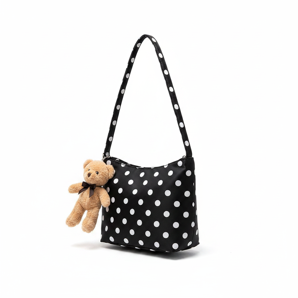Black polka dot bag - white background