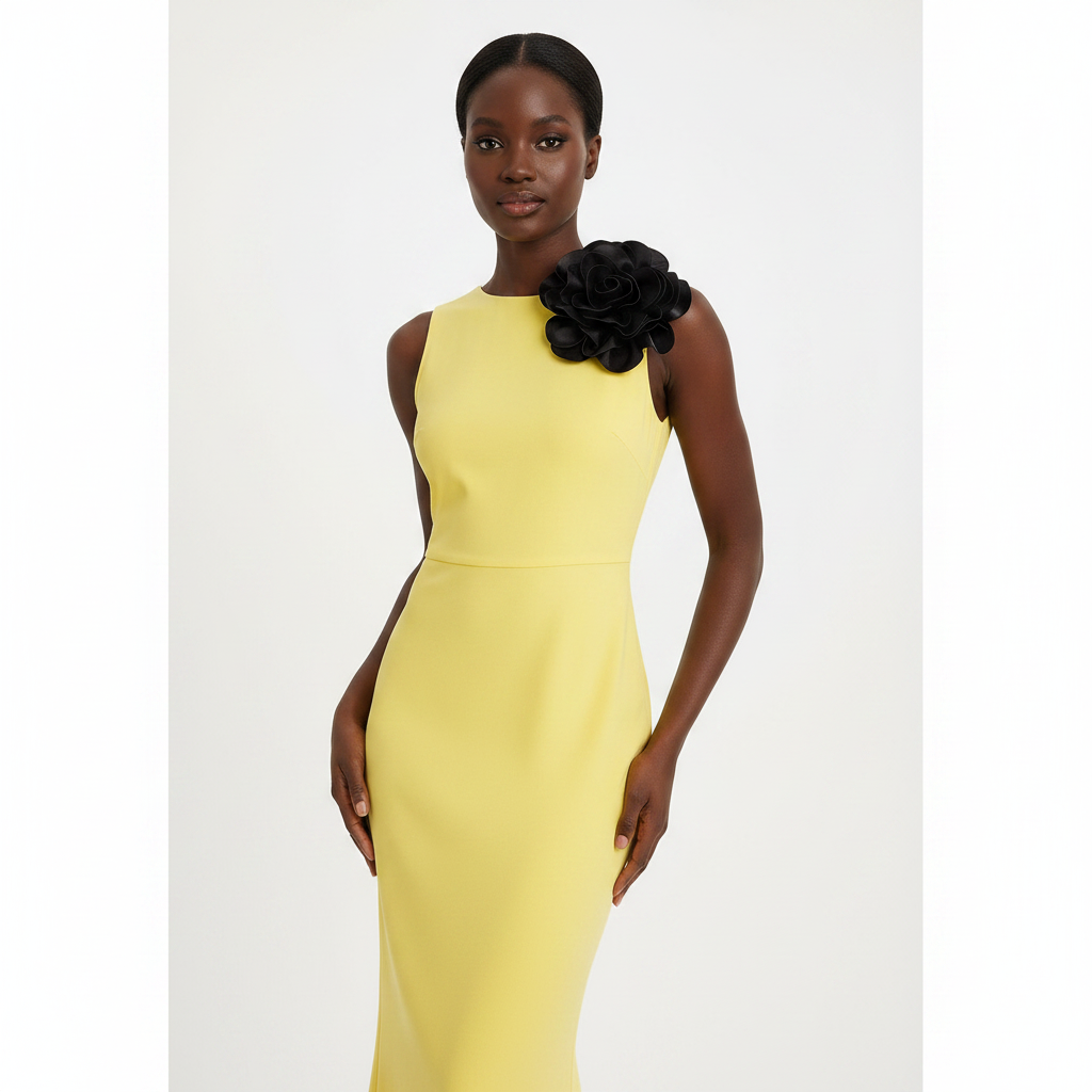 Black woman wearing black satin rose brooch on yellow dress