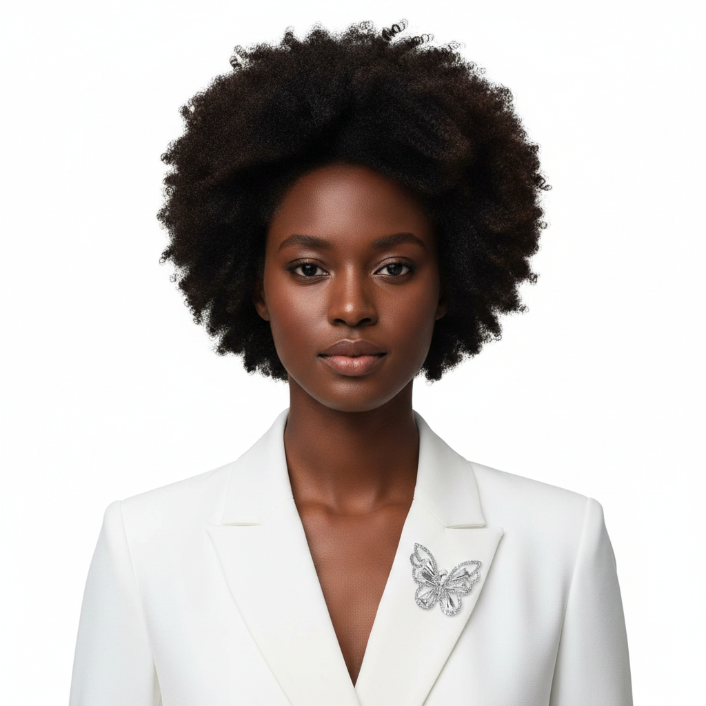 Black woman wearing butterfly brooch on white blazer