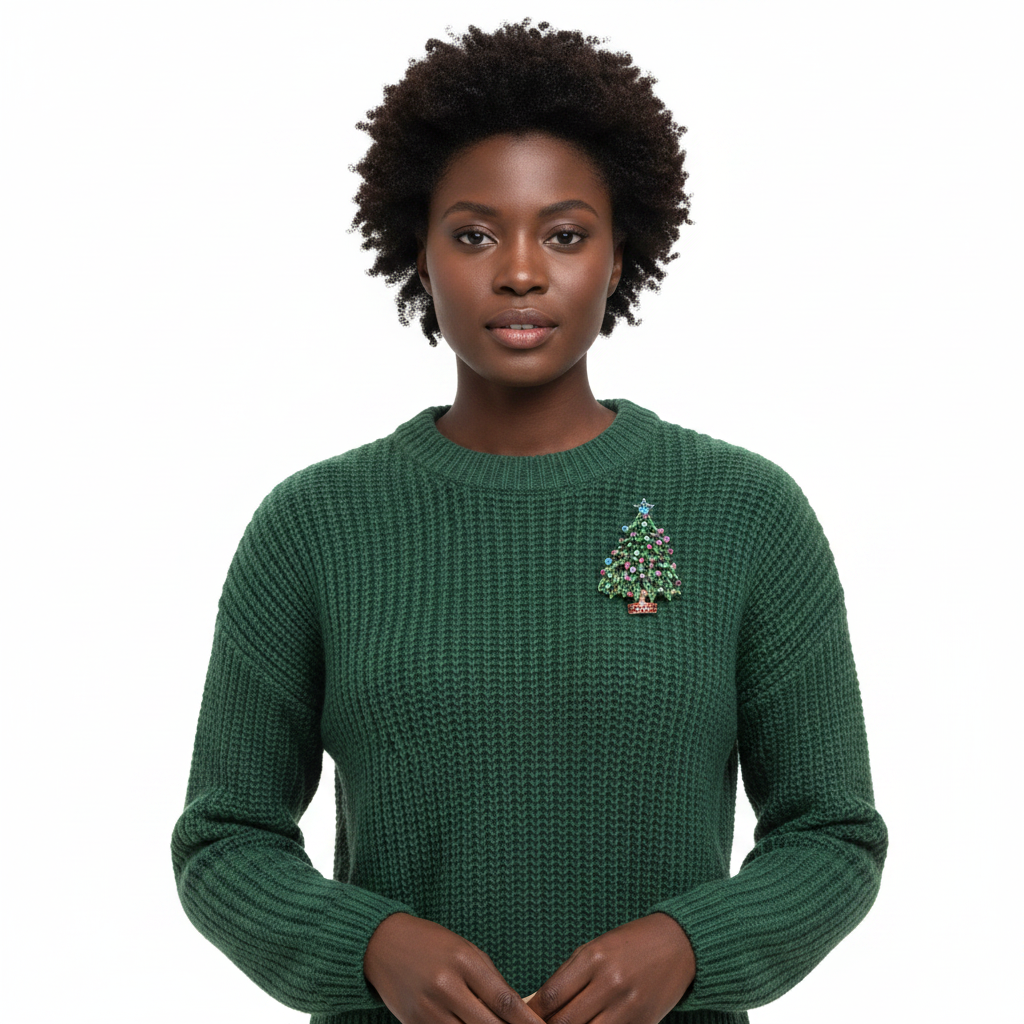 Black woman wearing Christmas tree brooch on green sweater