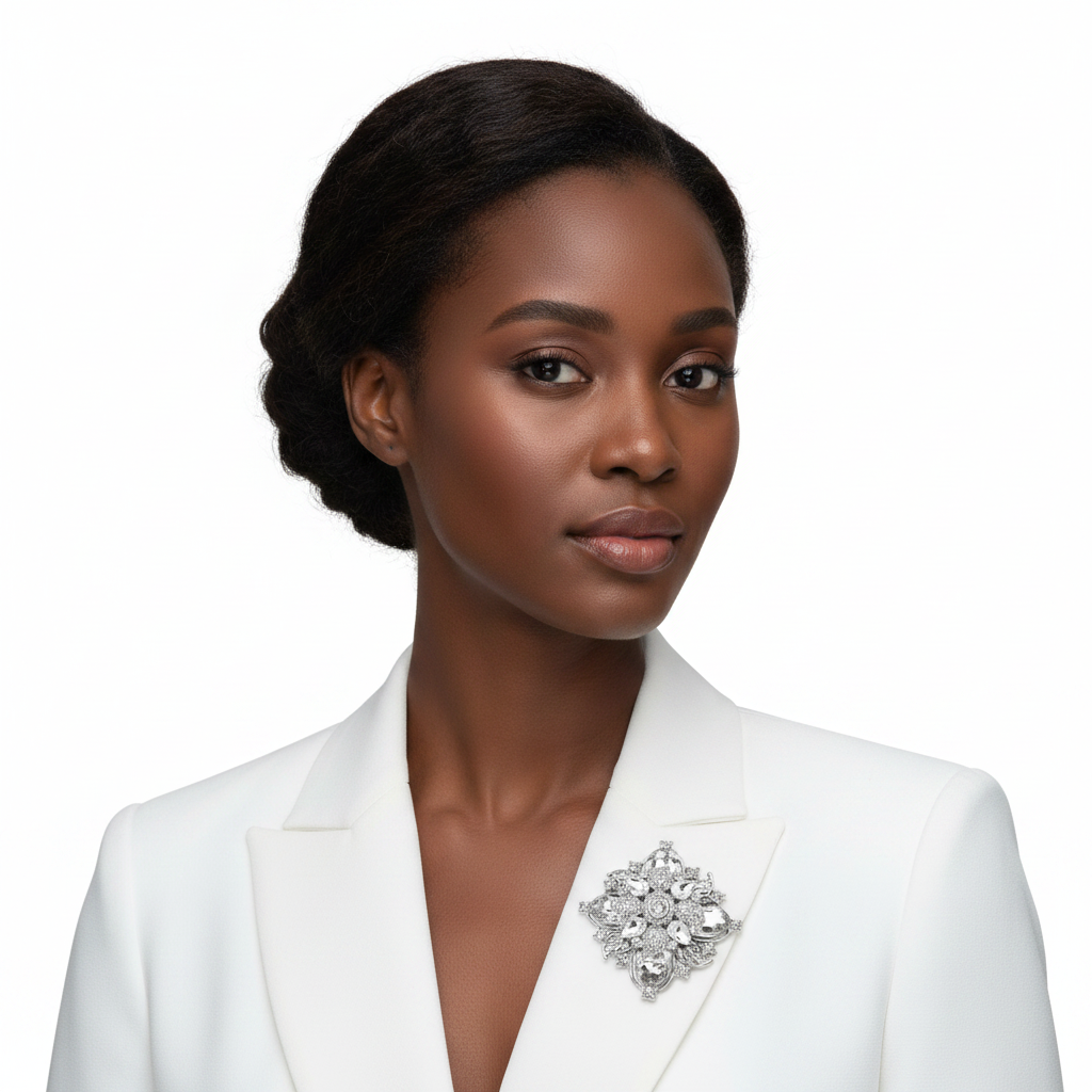 Black woman wearing clear silver floral brooch on white blazer