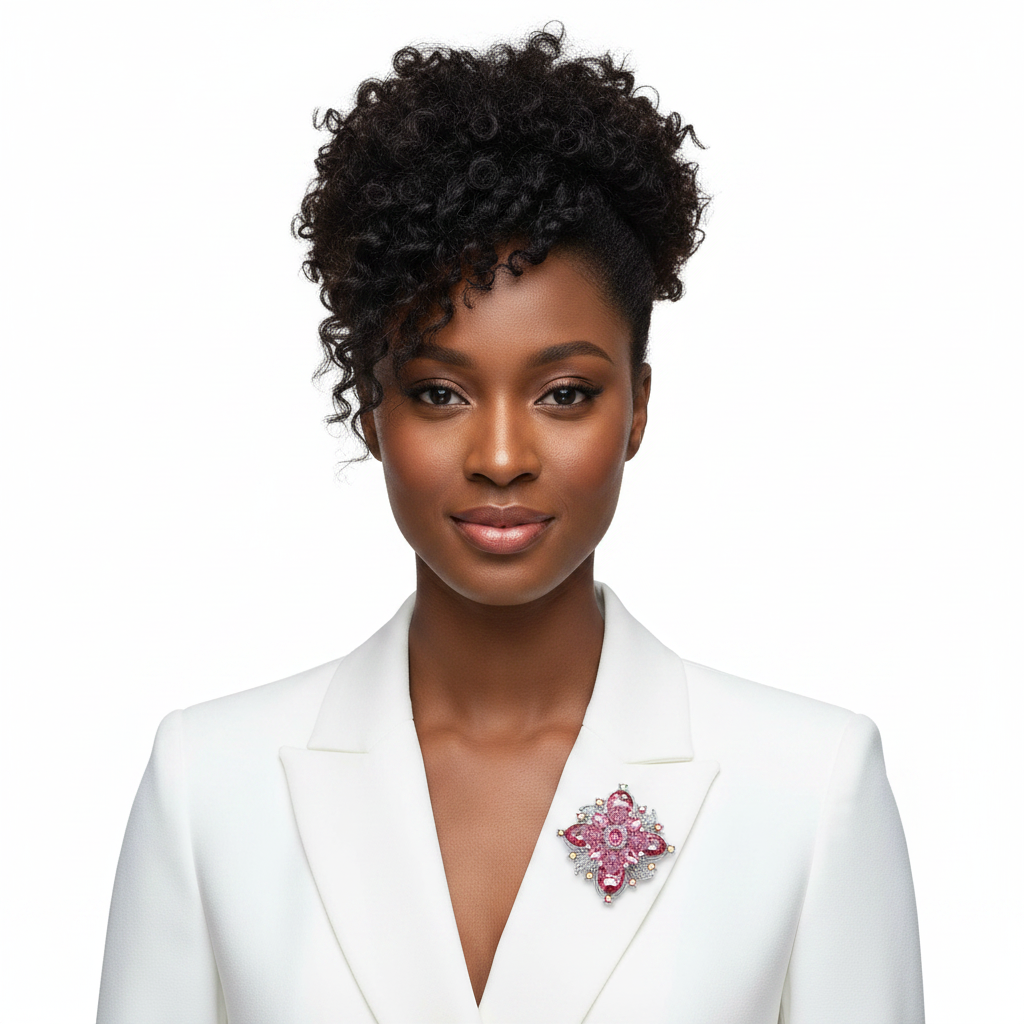 Black woman wearing pink floral brooch on white blazer