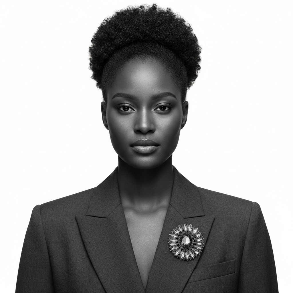 Black woman wearing smoky grey sunburst brooch on blazer