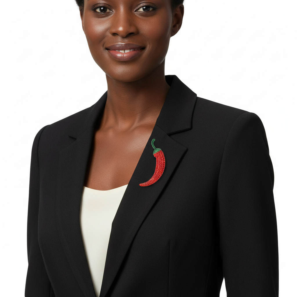Black woman wearing the chili pepper brooch on a tailored blazer