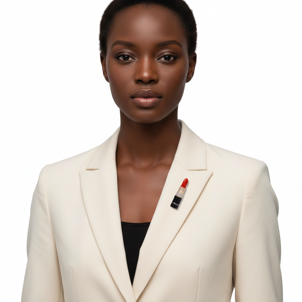 Black woman wearing the red lipstick brooch on a tailored cream blazer