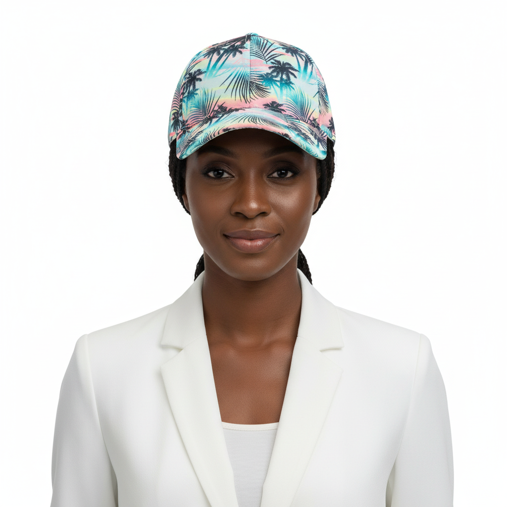 Black woman wearing tropical sunset palm tree baseball cap