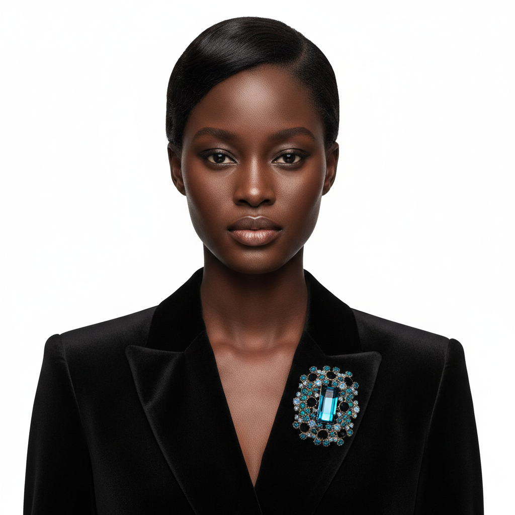 Black woman with brooch on velvet blazer