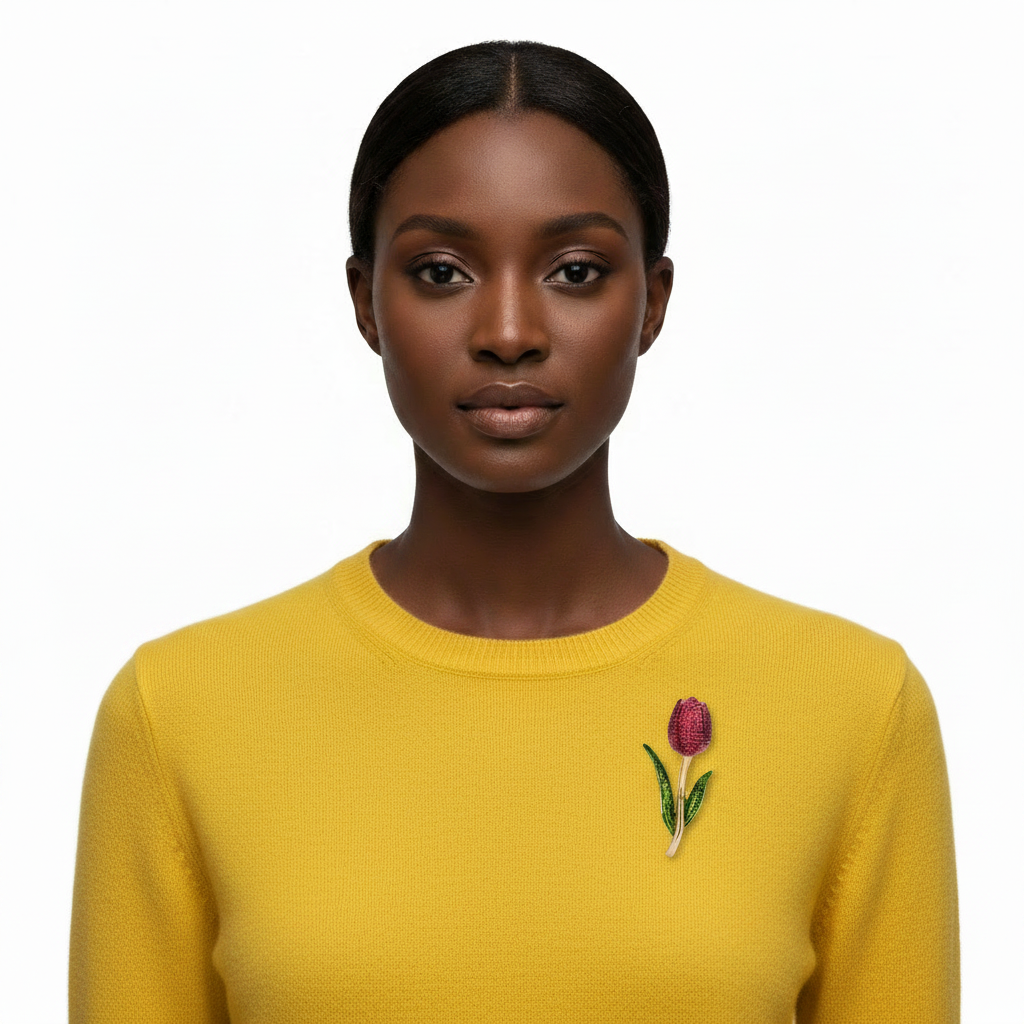 Black woman, yellow sweater, tulip brooches